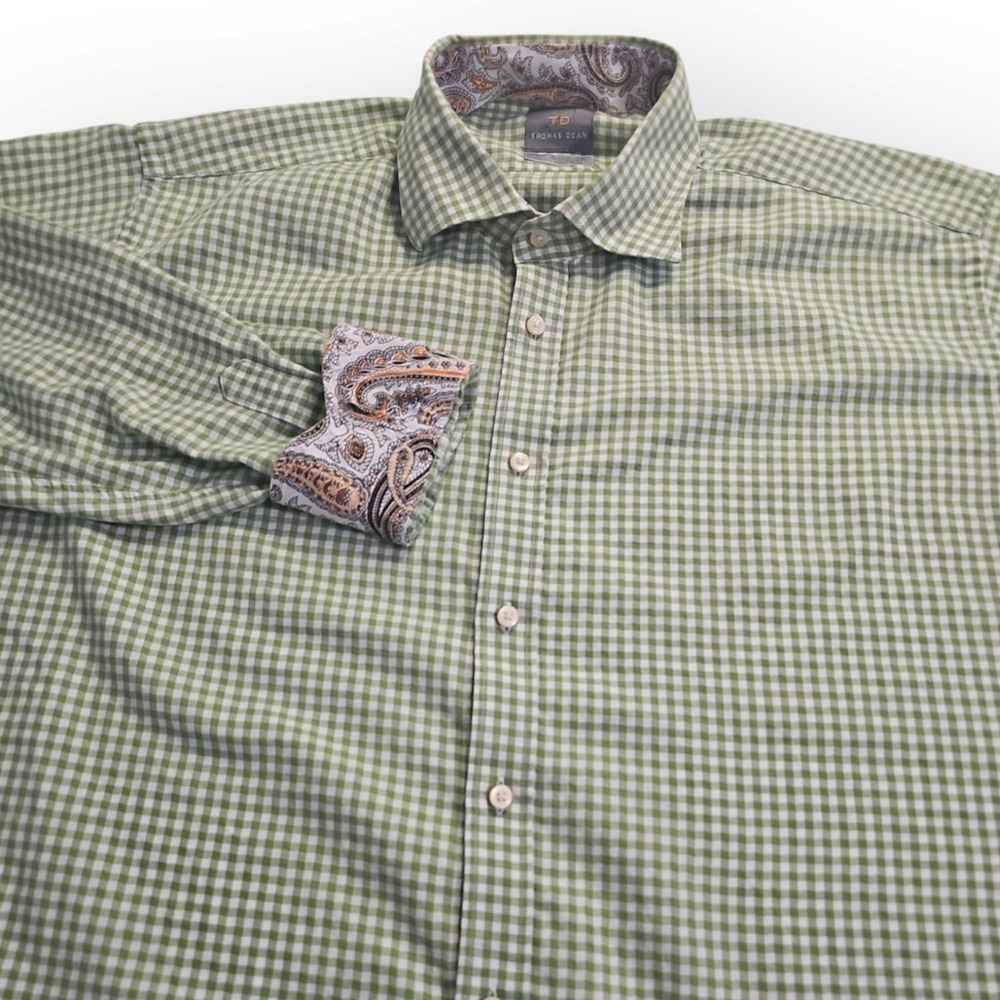 Thomas Dean Green,‎ White Shepherd Check Paisley Flip Cuff Button Up Shirt XXL